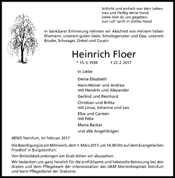 Anzeige von Heinrich Floer von Westfälische Nachrichten