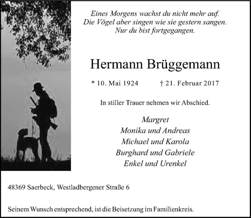  Traueranzeige für Hermann Brüggemann vom 23.02.2017 aus Westfälische Nachrichten