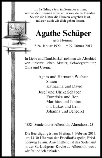 Anzeige von Agathe Schäper von Westfälische Nachrichten