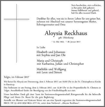 Anzeige von Aloysia Reckhaus von Westfälische Nachrichten