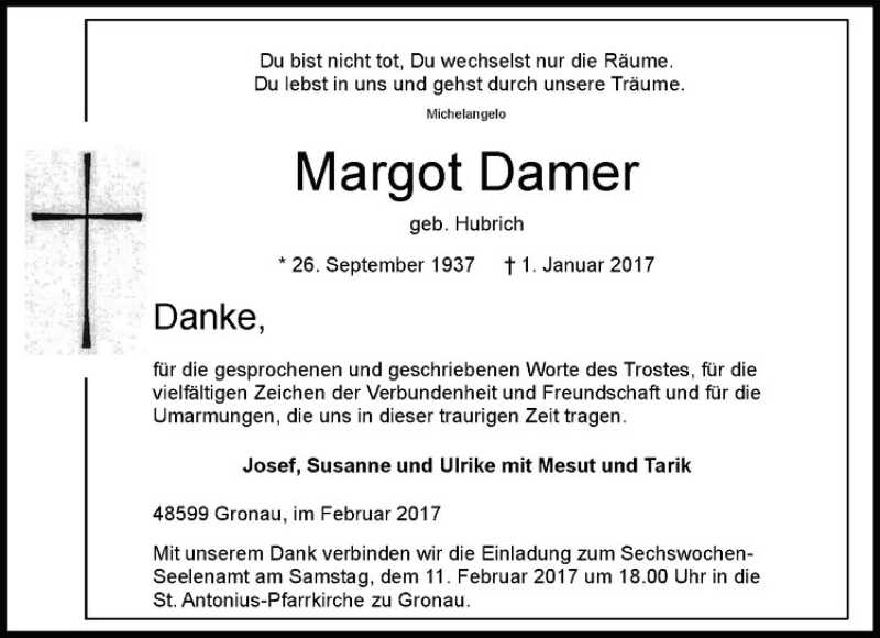 Traueranzeige für Margot Damer vom 08.02.2017 aus Westfälische Nachrichten