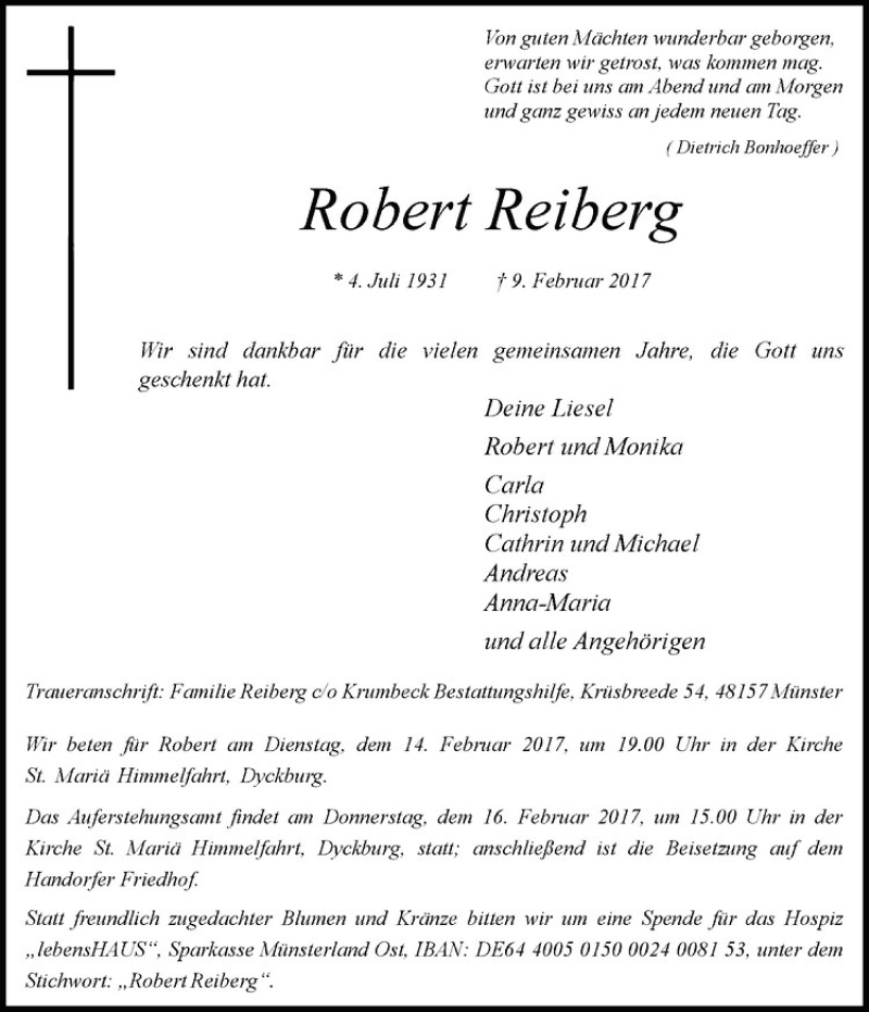  Traueranzeige für Robert Reiberg vom 11.02.2017 aus Westfälische Nachrichten