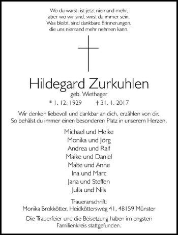 Anzeige von Hildegard Zurkuhlen von Westfälische Nachrichten