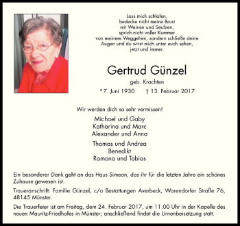 Anzeige von Gertrud Günzel von Westfälische Nachrichten