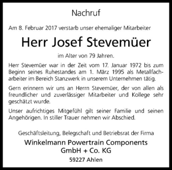 Anzeige von Josef Stevemüer von Westfälische Nachrichten