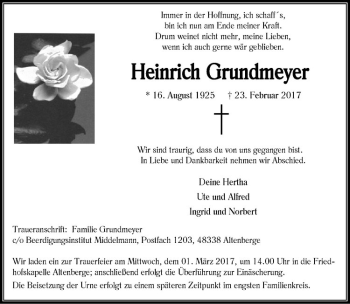 Anzeige von Heinrich Grundmeyer von Westfälische Nachrichten