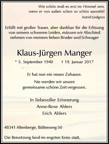 Anzeige von Klaus-Jürgen Manger von Westfälische Nachrichten