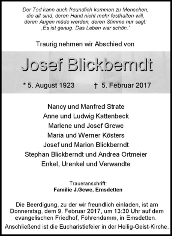 Anzeige von Kosef Blickberndt von Westfälische Nachrichten