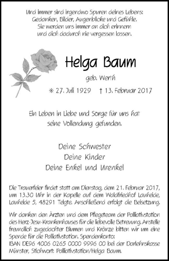 Traueranzeige für Johanna Helga Baum vom 18.02.2017 aus Westfälische Nachrichten