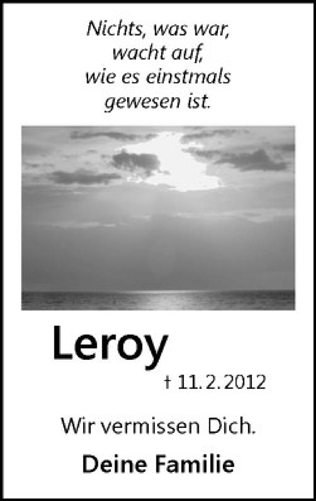  Traueranzeige für Leroy Kwirant vom 11.02.2017 aus Westfälische Nachrichten
