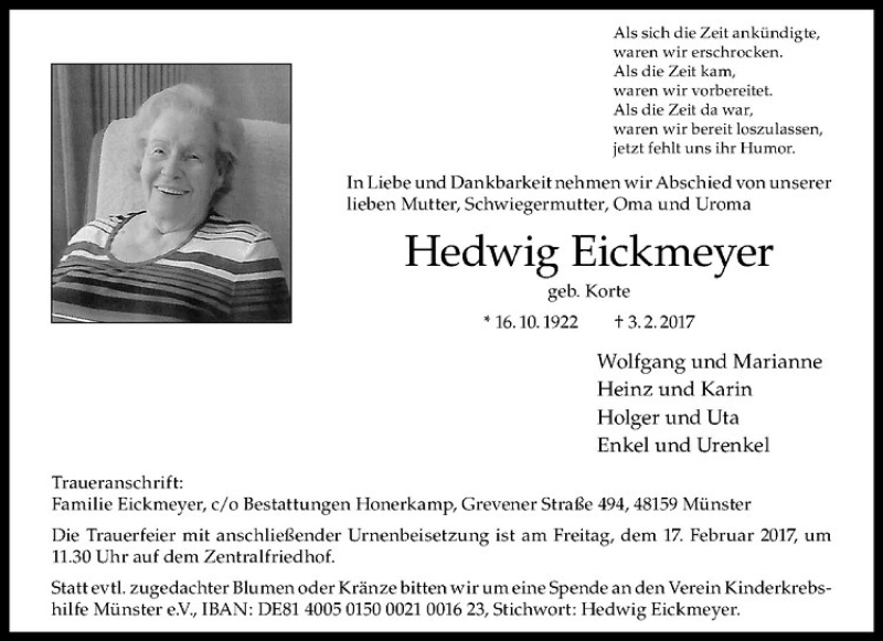  Traueranzeige für Hedwig Eickmeyer vom 11.02.2017 aus Westfälische Nachrichten