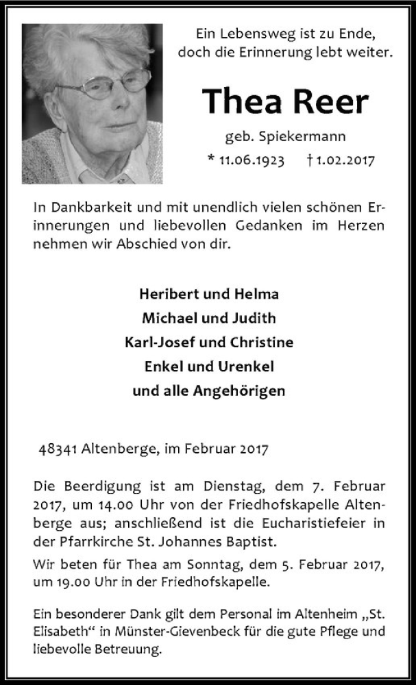  Traueranzeige für Thea Reer vom 04.02.2017 aus Westfälische Nachrichten