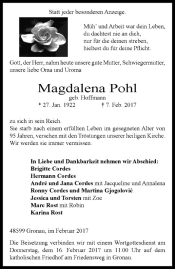 Anzeige von Magdalena Pohl von Westfälische Nachrichten