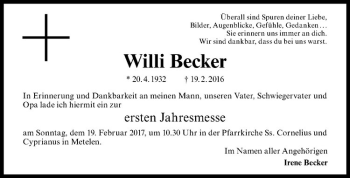 Anzeige von Willi Becker von Westfälische Nachrichten