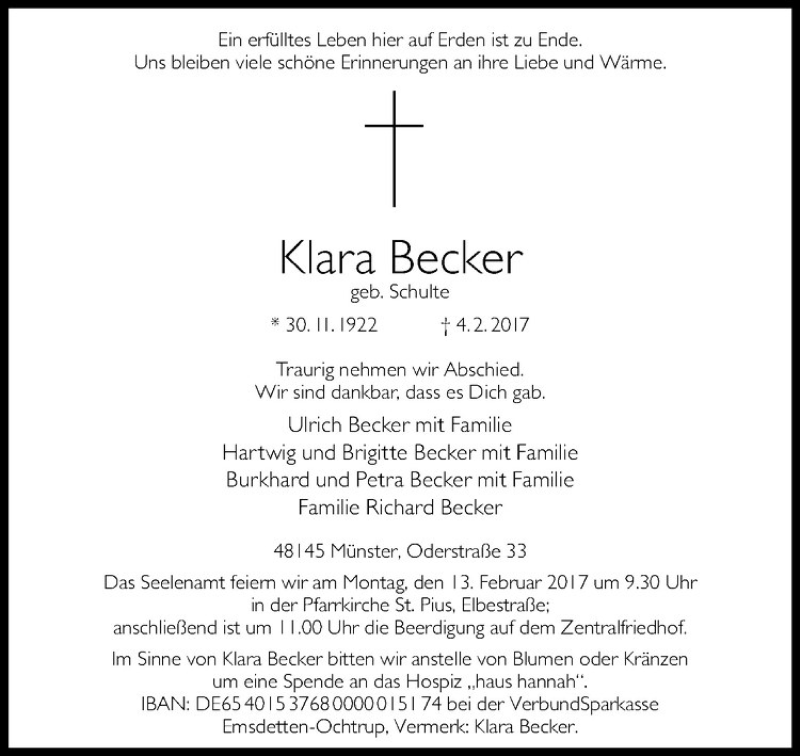  Traueranzeige für Klara Becker vom 08.02.2017 aus Westfälische Nachrichten