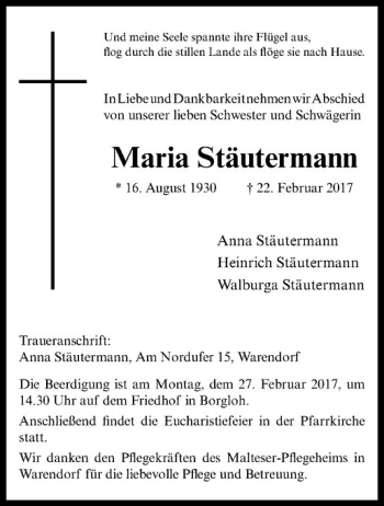 Anzeige von Maria Stäutermann von Westfälische Nachrichten