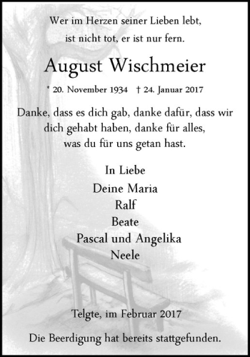 Anzeige von August Wischmeier von Westfälische Nachrichten