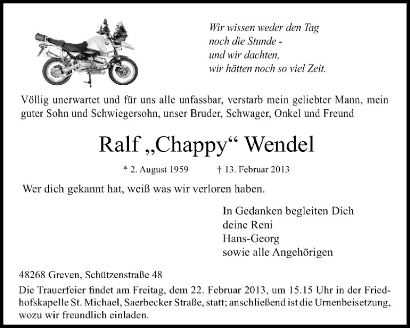 Traueranzeige für Ralf Wendel vom 18.02.2013 aus Westfälische Nachrichten