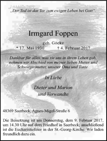 Anzeige von Irmgard Foppen von Westfälische Nachrichten
