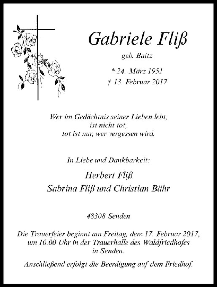  Traueranzeige für Gabriele Fliß vom 15.02.2017 aus Westfälische Nachrichten