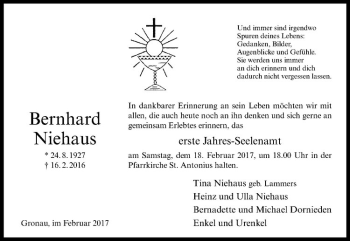 Anzeige von Bernhard Niehaus von Westfälische Nachrichten