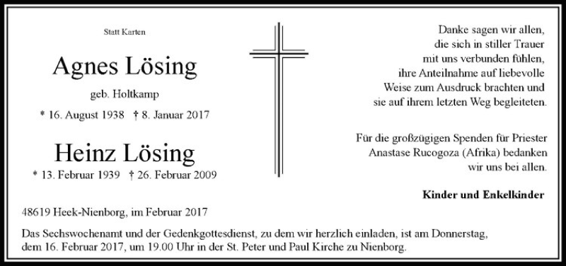  Traueranzeige für Heinz Lösing vom 11.02.2017 aus Westfälische Nachrichten