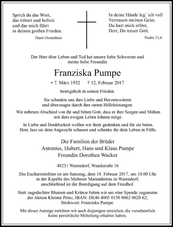 Anzeige von Franziska Pumpe von Westfälische Nachrichten