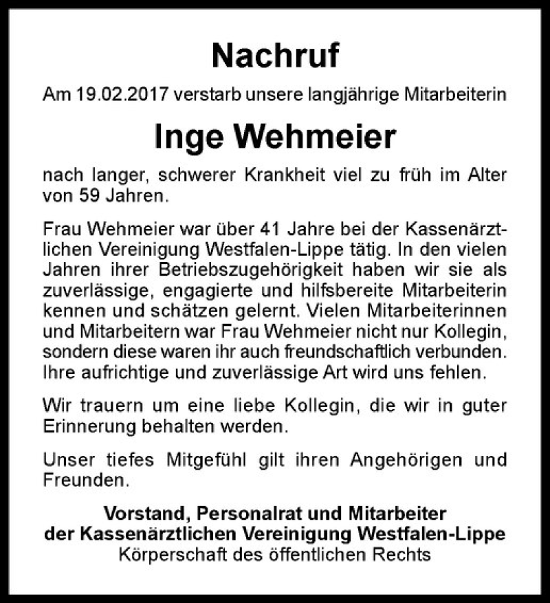  Traueranzeige für Inge Wehmeier vom 25.02.2017 aus Westfälische Nachrichten