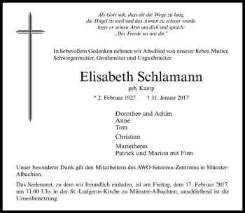 Anzeige von Elisabeth Schlamann von Westfälische Nachrichten