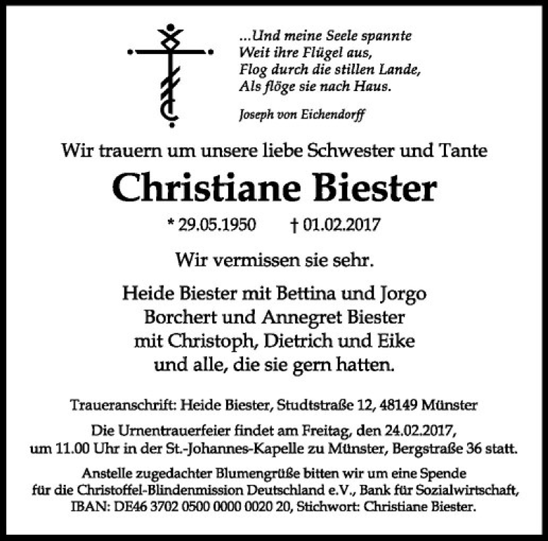  Traueranzeige für Christiane Biester vom 17.02.2017 aus Westfälische Nachrichten