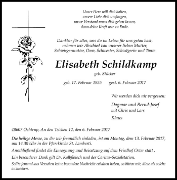 Anzeige von Elisabeth Schildkamp von Westfälische Nachrichten