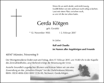 Anzeige von Gerda Kötgen von Westfälische Nachrichten