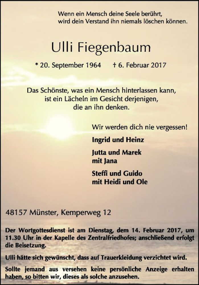  Traueranzeige für Ulli Fiegenbaum vom 11.02.2017 aus Westfälische Nachrichten