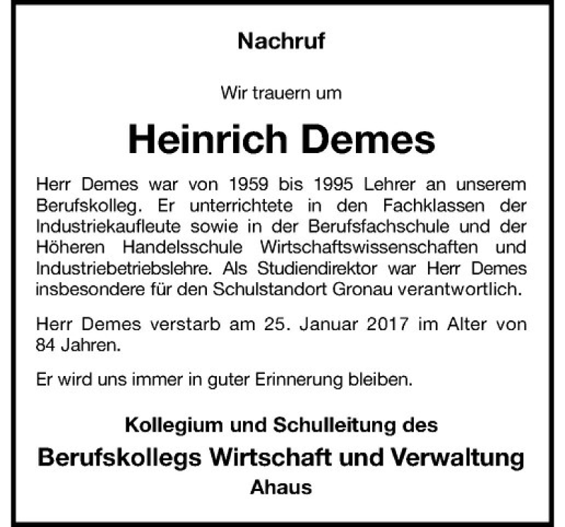  Traueranzeige für Heinrich Demes vom 01.02.2017 aus Westfälische Nachrichten
