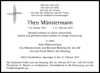 Anzeige von Theo Münstermann von Westfälische Nachrichten