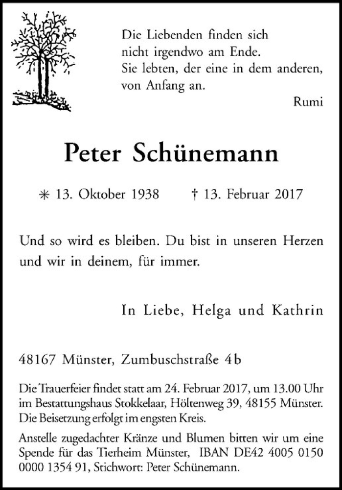  Traueranzeige für Peter Schünemann vom 18.02.2017 aus Westfälische Nachrichten