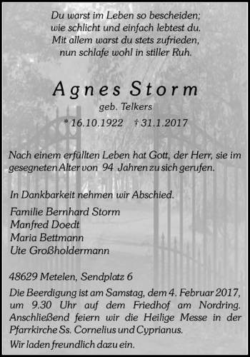 Anzeige von Agnes Storm von Westfälische Nachrichten