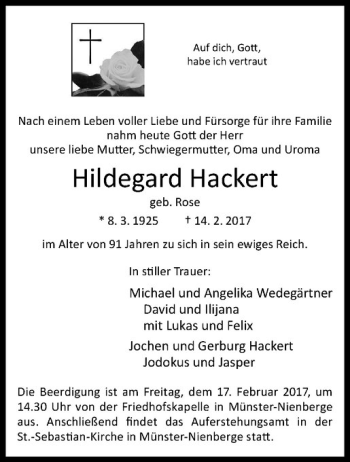 Anzeige von Hildegard Hackert von Westfälische Nachrichten