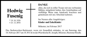 Anzeige von Hedwis Fusenig von Westfälische Nachrichten