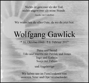 Anzeige von Wolfgang Gawlick von Westfälische Nachrichten