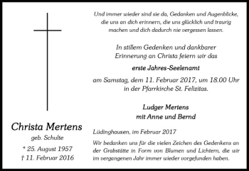 Anzeige von Christa Mertens von Westfälische Nachrichten