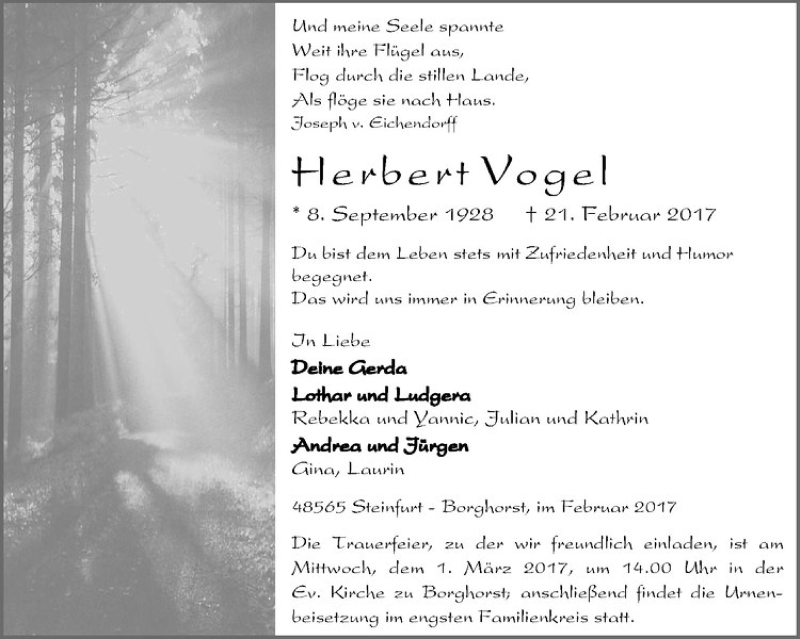  Traueranzeige für Herbert Vogel vom 25.02.2017 aus Westfälische Nachrichten