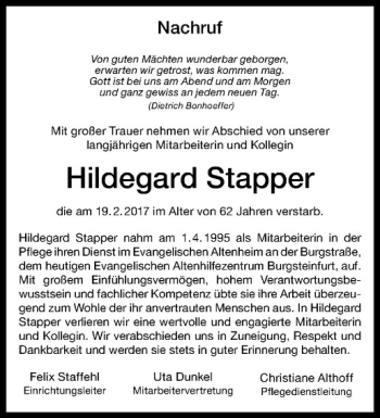 Anzeige von Hildegard Stapper von Westfälische Nachrichten