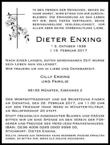 Anzeige von Dieter Enxing von Westfälische Nachrichten