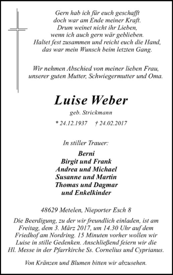 Anzeige von Luise Weber von Westfälische Nachrichten