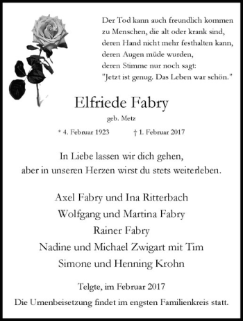 Anzeige von Elfriede Fabry von Westfälische Nachrichten