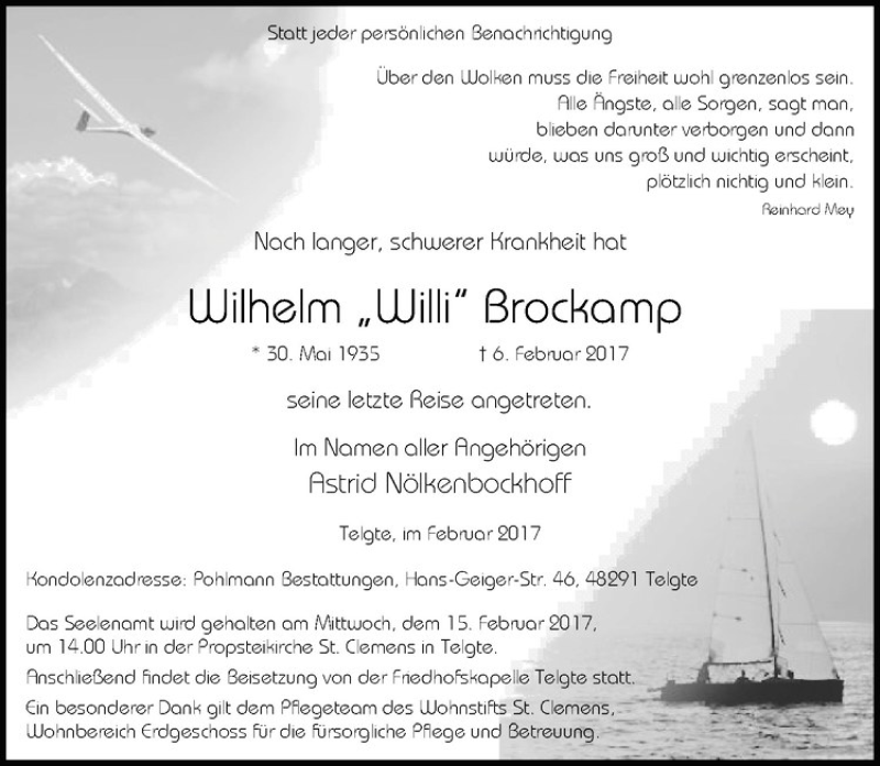  Traueranzeige für Wilhelm Brockamp vom 11.02.2017 aus Westfälische Nachrichten