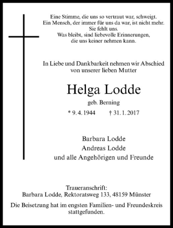 Anzeige von Helga Lodde von Westfälische Nachrichten