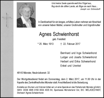 Anzeige von Agnes Schwienhorst von Westfälische Nachrichten