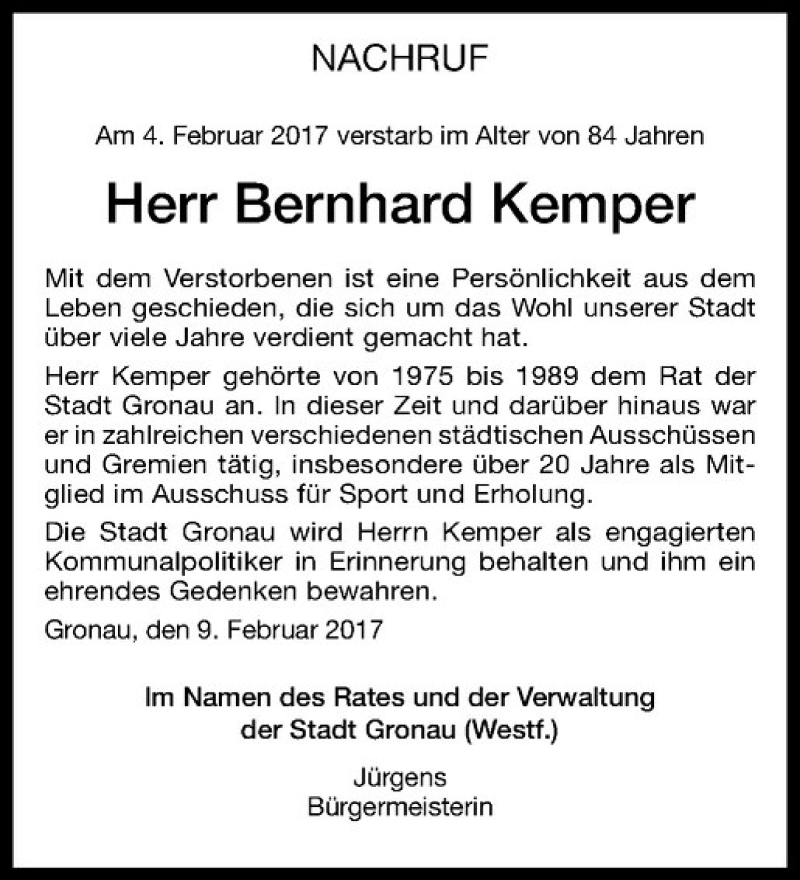  Traueranzeige für Bernhard Kemper vom 11.02.2017 aus Westfälische Nachrichten